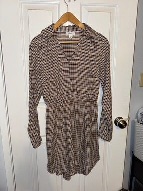 Japna Beige and Black Checked Long-Sleeve Shirtdress